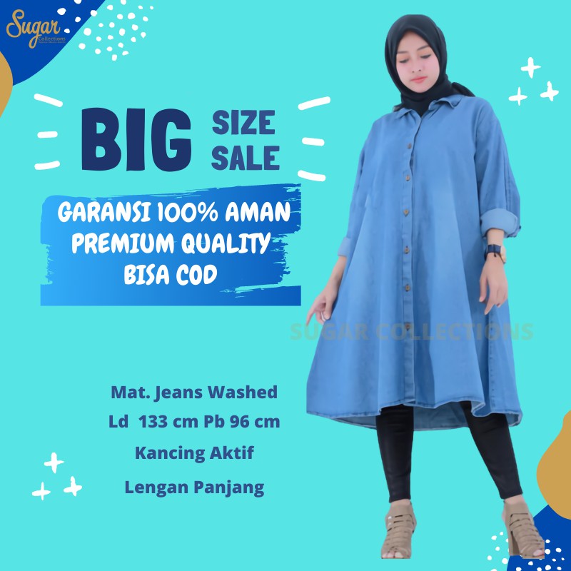 tunik jeans jumbo Lengan Panjang Bahan Jeans Wash