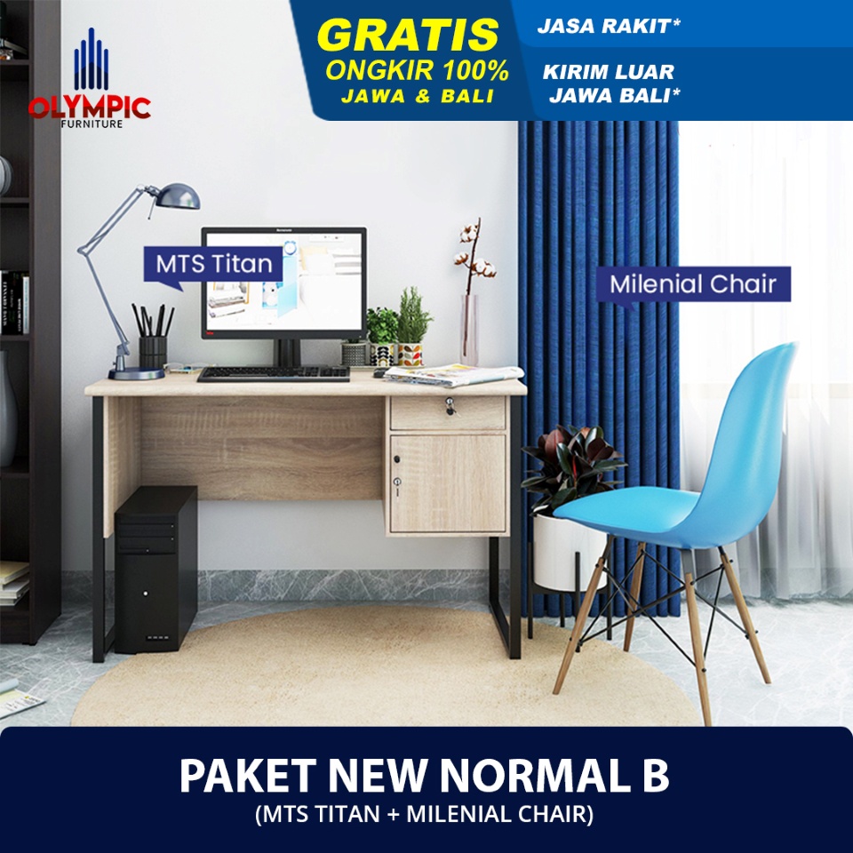 Olympic Paket Meja Kursi New Normal B - Meja Kerja / Meja Belajar + Kursi - MTS TITAN + KURSI MILENI
