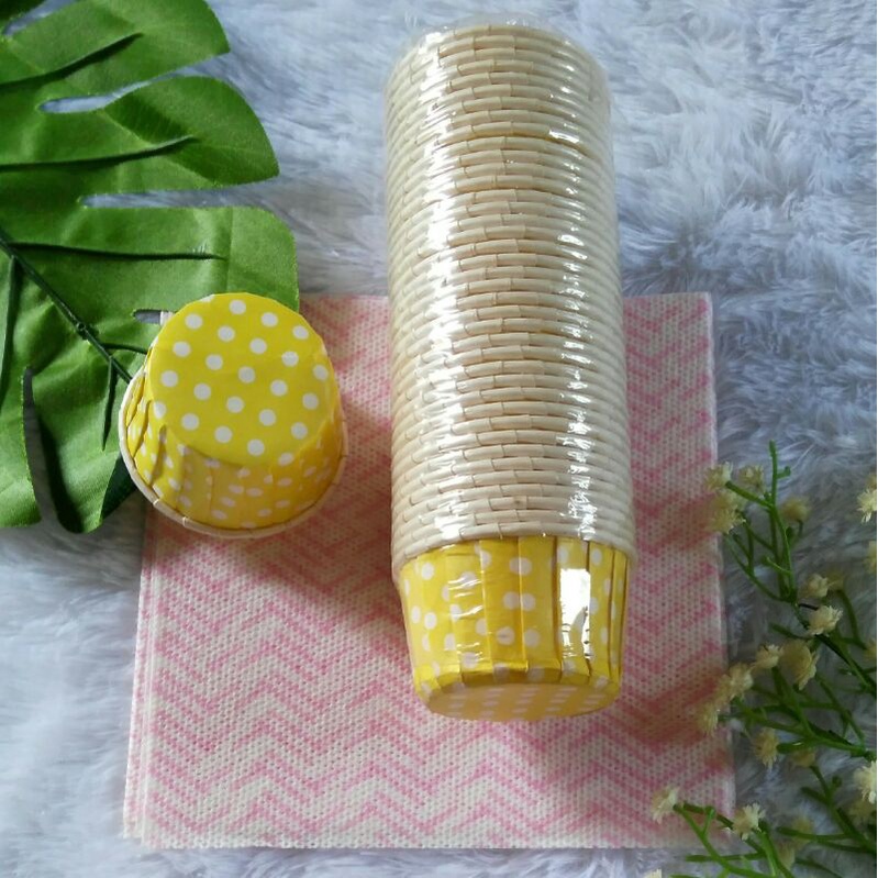 Paper Cup Kue Mangkok Cupcake Roti Dessert Baking Makanan Kecil Polkadot Kuning Piring Kertas