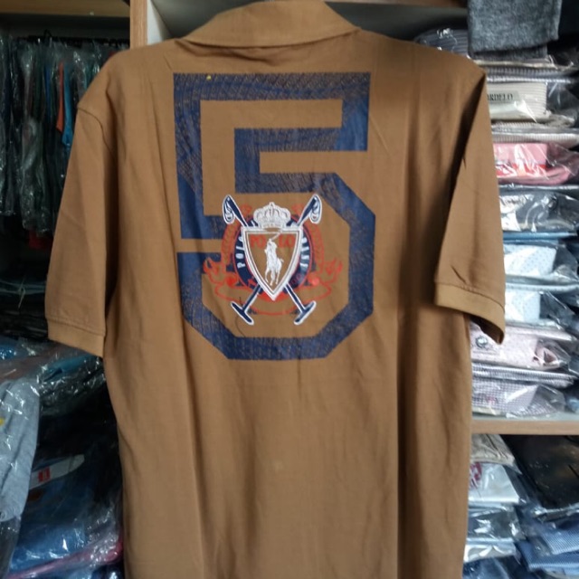 kaos polo pria lengan pendek coklat putih oranye