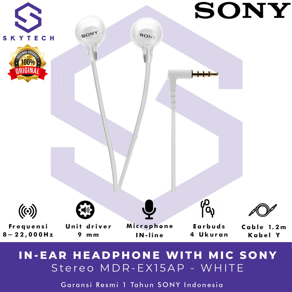 EARPHONE SONY MDR EX15AP WITH MIC WHITE ORIGINAL GARANSI RESMI