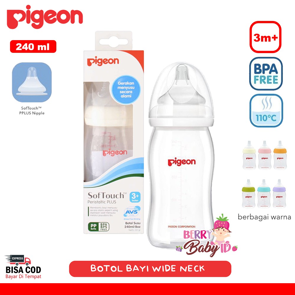 Pigeon Botol Susu Bayi Wide Neck Soft Touch Peristaltic Plus 240ml 3m+ Berry Mart