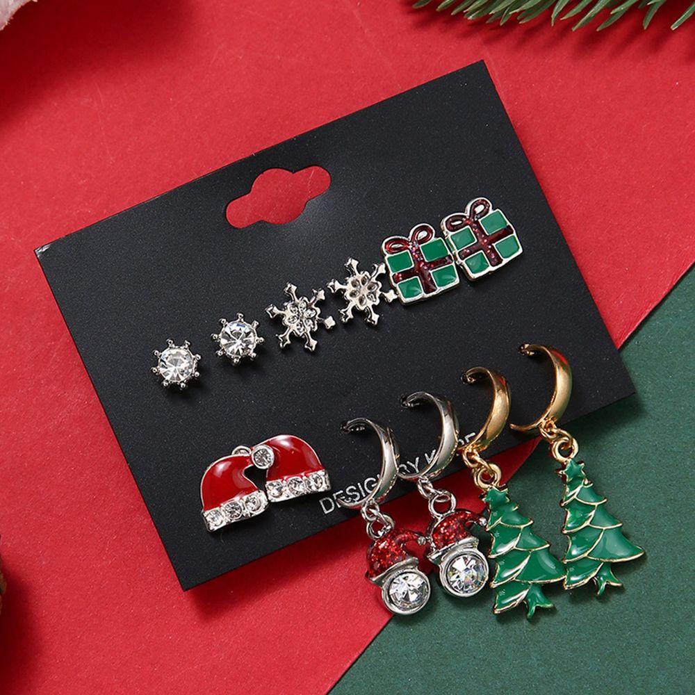 Mxbeauty Anting Natal Set Kepribadian Lucu Paduan Elk Gingerbread Man Pohon Natal Snowman C Shape Earrings Gaya Korea Earrings