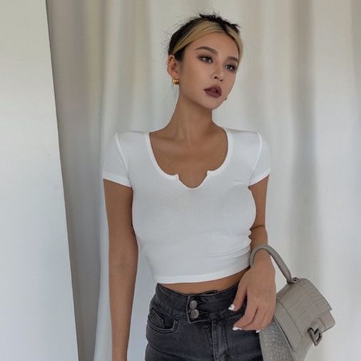 【LIVIAHOME】V-Neck Short Sleeve Ribbed Crop Top 7281