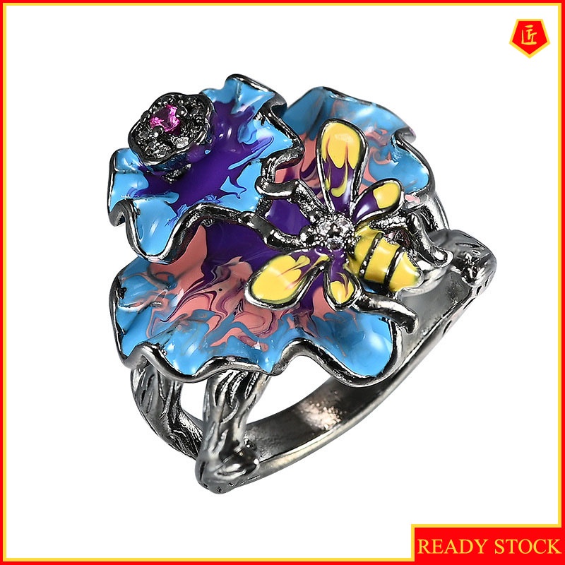 [Ready Stock]Black Gold Diamond Bee Enamel Ring Exquisite Fashion