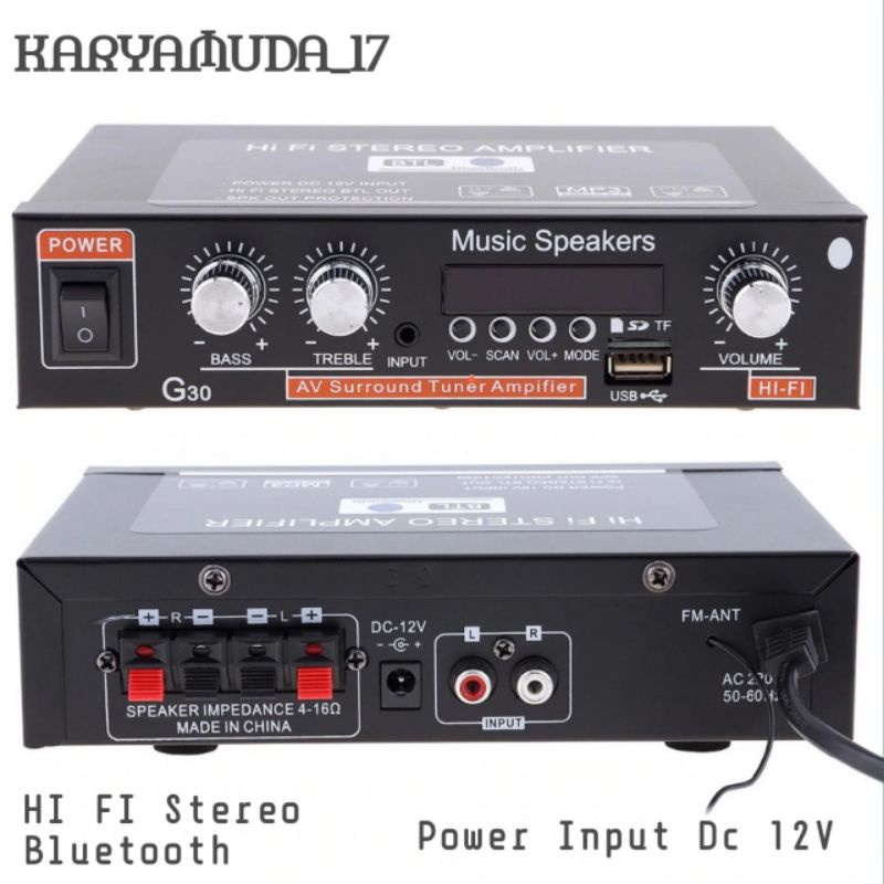 Amplifier Bluetooth Karaoke Hi fi Stereo Dc 12V Audio Power Ampli Mini Sunbuck G30