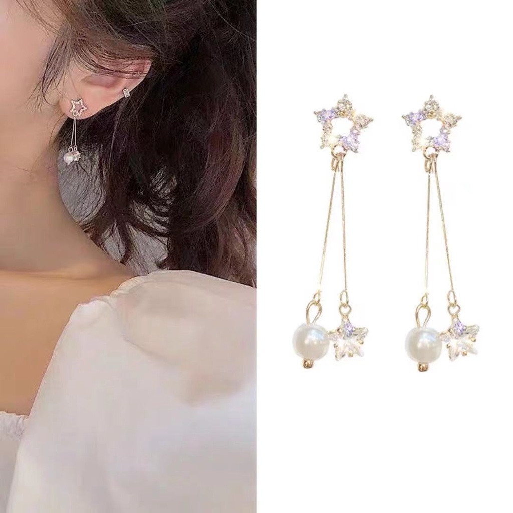 Sayishop Anting Gantung Panjang Desain Bunga Hias Rumbai Gaya  Elegan untuk Wanita