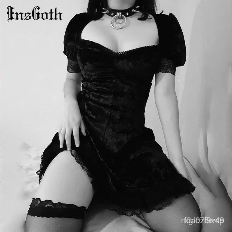 InsGoth Vintage Lace Black Dress Goth Sexy High Waist Mini Dress Aesthetic Elegant Short Sleeve A Li