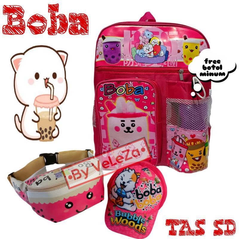 Tas anak ransel karakter boba gratis waistbag topi botol minum - tas anak