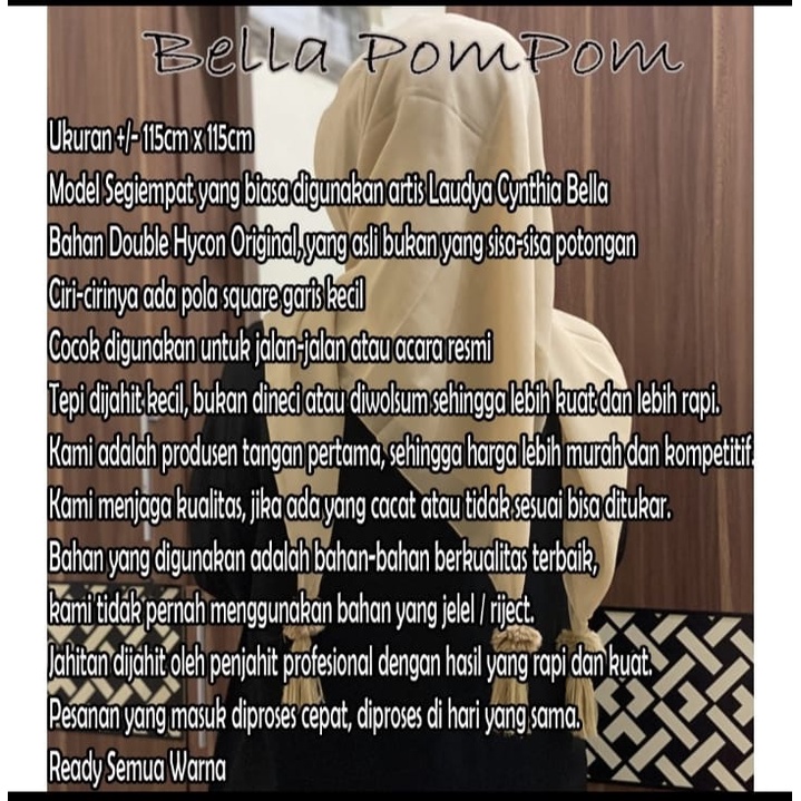 Hijab Segiempat Bella Pom Pom Warna Terlengkap / Kerudung Segiempat Pom-pom warna telengkap / Jilbab Segiempat Pompom warna telengkap / Jilbab Hijab Kerudung Segiempat Terbaru Trend Produk Terbaik Warna Terlengkap-4
