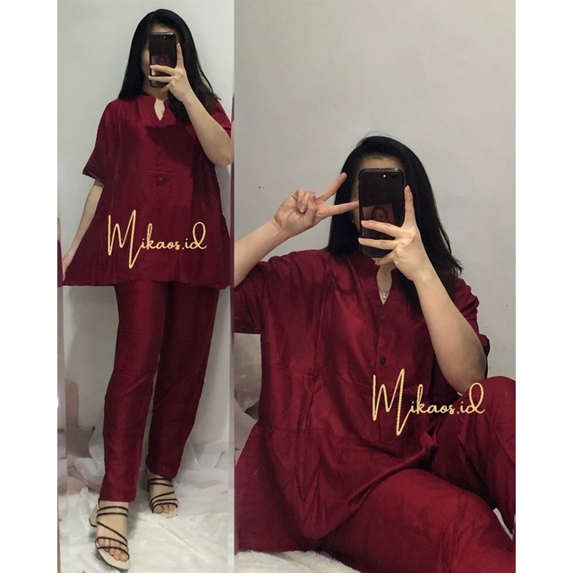 (COD) One set Piyama Abstrak Jumbo fit to Ld120cm | one set piyama rayon jumbo | one set pajamas Jumbo-Ruby LD120cm