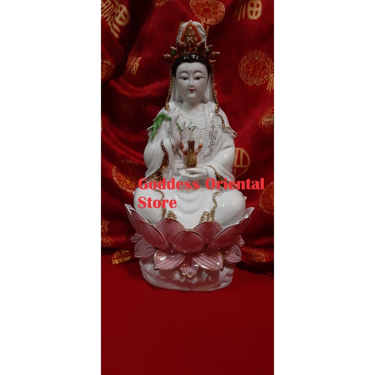 IMLEK SALE Patung Dewi Kwan Im Guan yin bersila di atas lotus keramik import