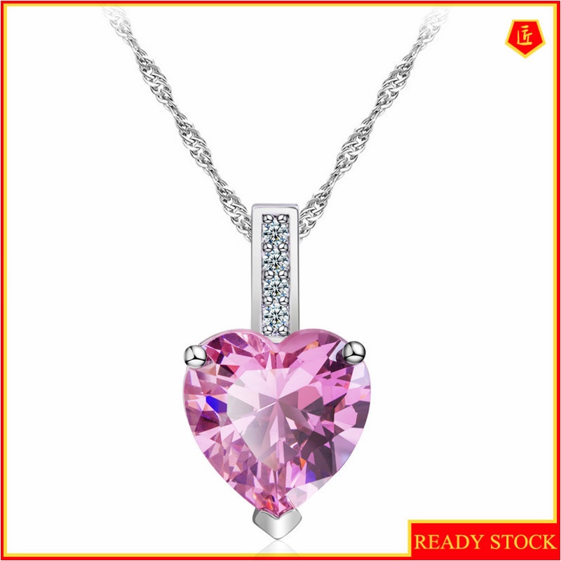 [Ready Stock]Fashion Pink Diamond Heart-Shaped Gemstone Necklace Exquisite Pendant