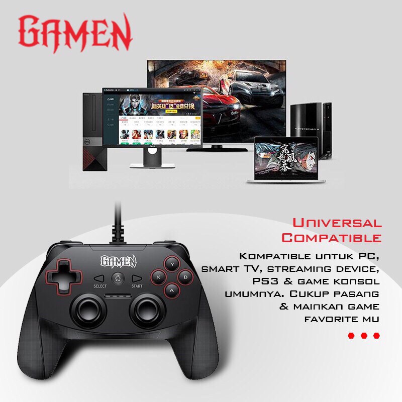 GAMEN GP100 Universal Wired Gaming Controller Gamepad with Dual Vibration Motors Black-Garansi 1 Th