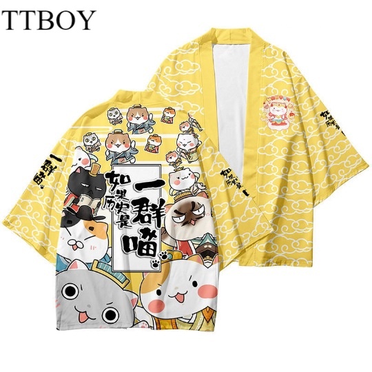 baju Fashion Loose Women Men Cartoon Cat Japanese Beach Kimono Jepang Wanita Pria Pakaian Cardigan S