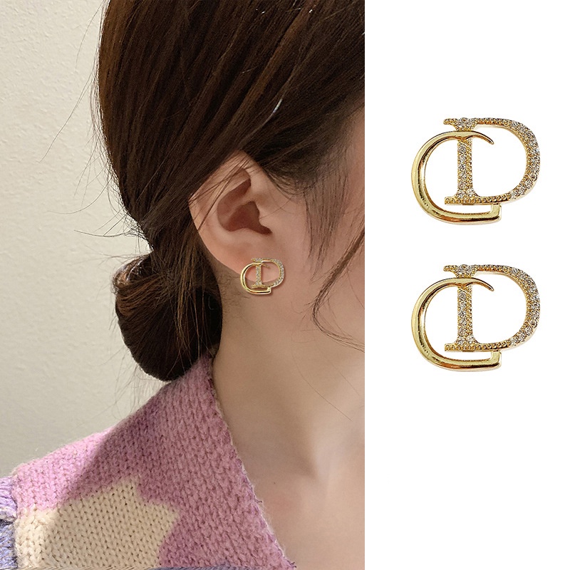 2022 Anting Tusuk Silver Wanita Desain Huruf CD Hias Berlian