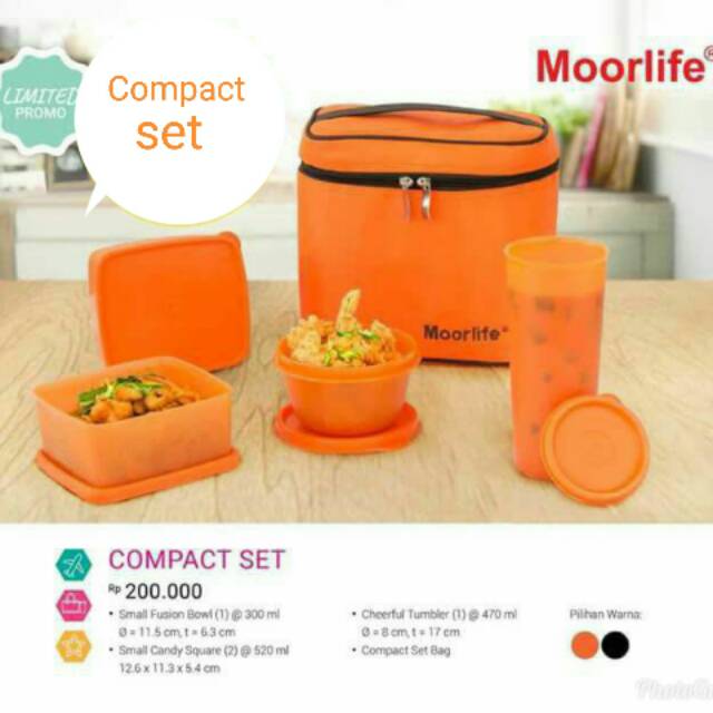 Moorlife Compact Set orange atau hitam / kotak makan / tas bekal / bento box / lunch box