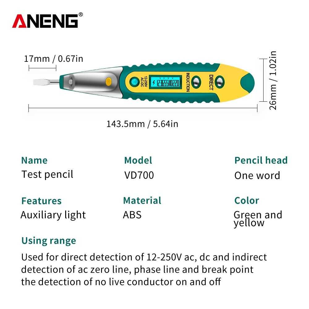 Multitester ANENG Tester Non Contact AC Voltage Alert Detector 12V-250V - VD700