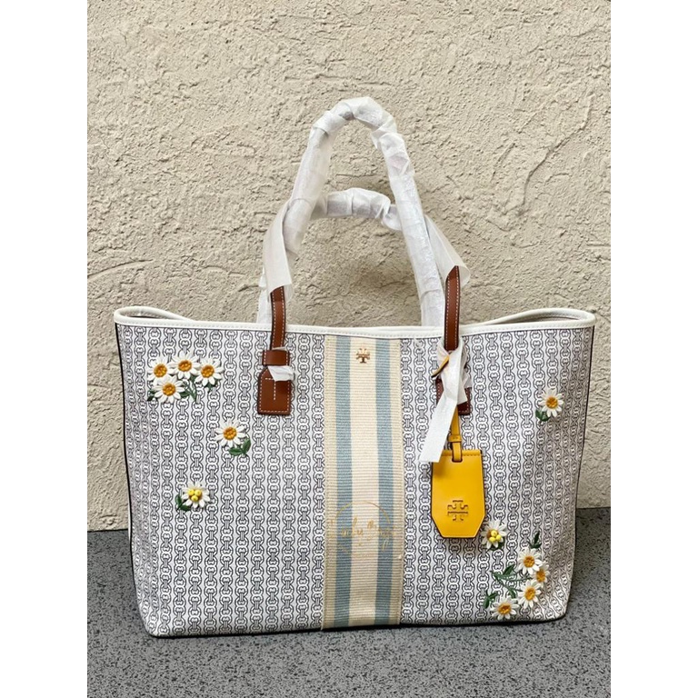 tas tb original/tory burch gemini link canvas applique tote new ivory