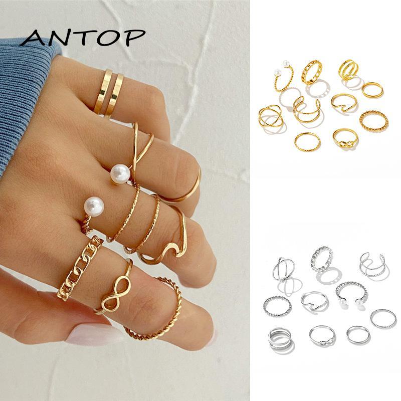 10 Pcs / Set Cincin Manik-Manik Mutiara Ganda Gelombang Geometris Untuk Wanita