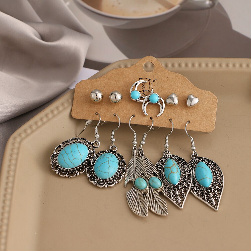 12pcs Set  Bohemian Earrings Set Ethnic Ladies Feather Sun and Moon Pendant Earrings Statement Women's Fashion Jewelry