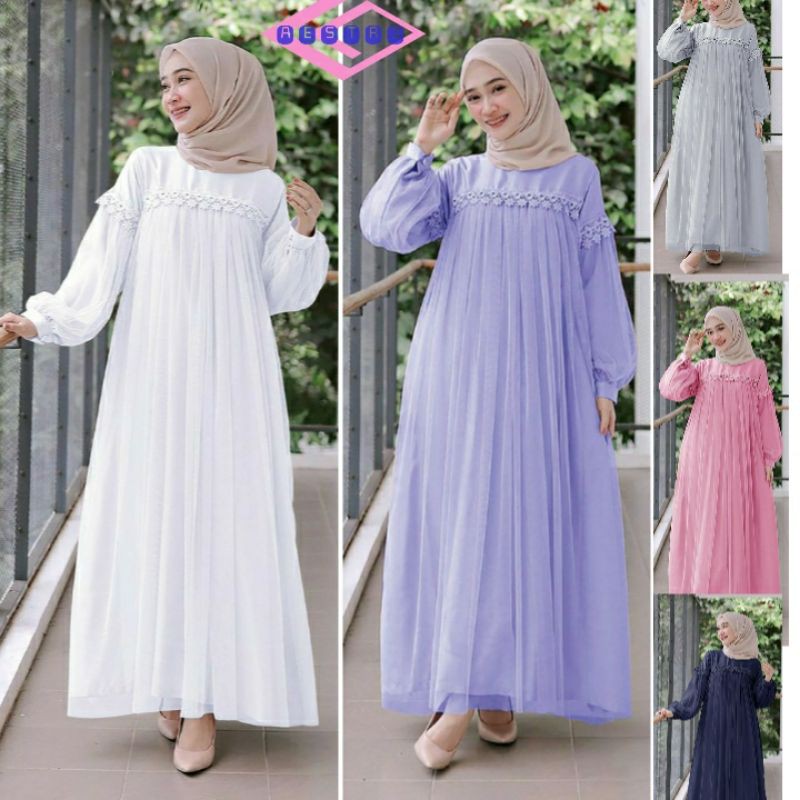 AESTRI shanum dress maxy tutu tile / gamis pesta syar'i brukat putih lilac pink ungu abu navy