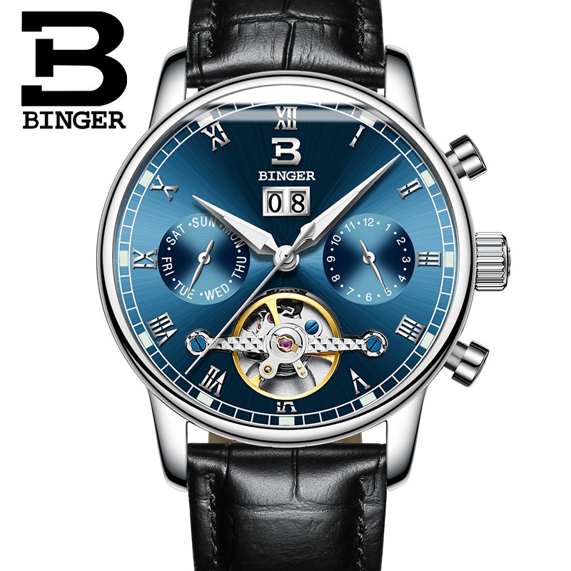 Jam tangan mekanik pria keren Switzerland BINGER men's watch luxury brand Tourbillon fulll