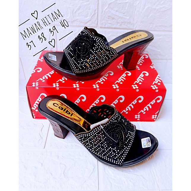 [PROMO TAHUN BARU] SANDAL WANITA CALBI HEELS / SANDAL PESTA MEWAH-Mawar hitam heels