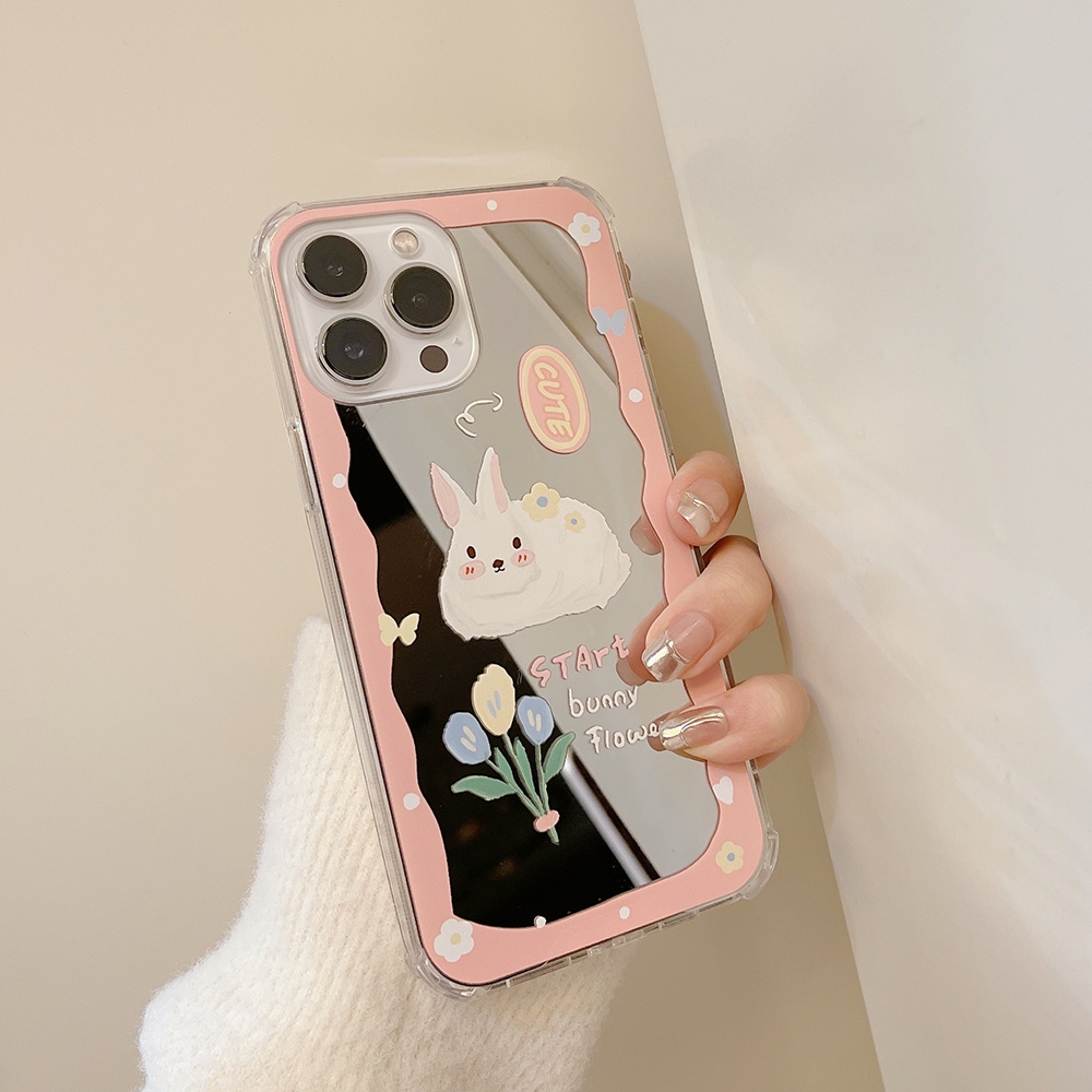 ins Makeup Mirror Shock Proof Soft Case IP Iphone 7 8 Plus X XR XS Max IPhone 11 Pro Max 12 13 Pro Max SE 2020 12 13 mini Cutee Pink Bunny rabbit Casing