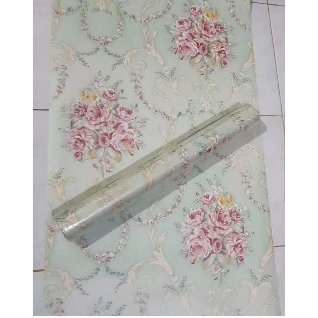 Wallpaper sticker motif shabby tosca/cream ukuran 45cmx10m