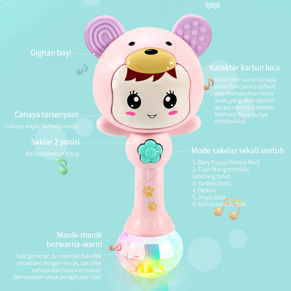 Mainan Tongkat Rattle Teether+Musik+Lampu Kelap-Kelip Bentuk Kartun