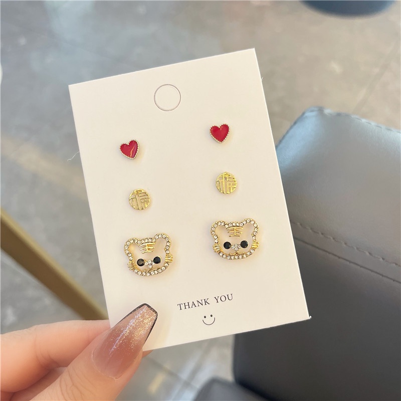 3 Pasang / Set Anting Tusuk Motif Harimau / Hati Bahan Alloy Hias Berlian Imitasi Untuk Wanita