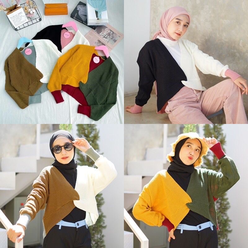 Realpict !! Cardigan Crop Multiwarna Lengan Panjang Baju Rajut Wanita Terbaru