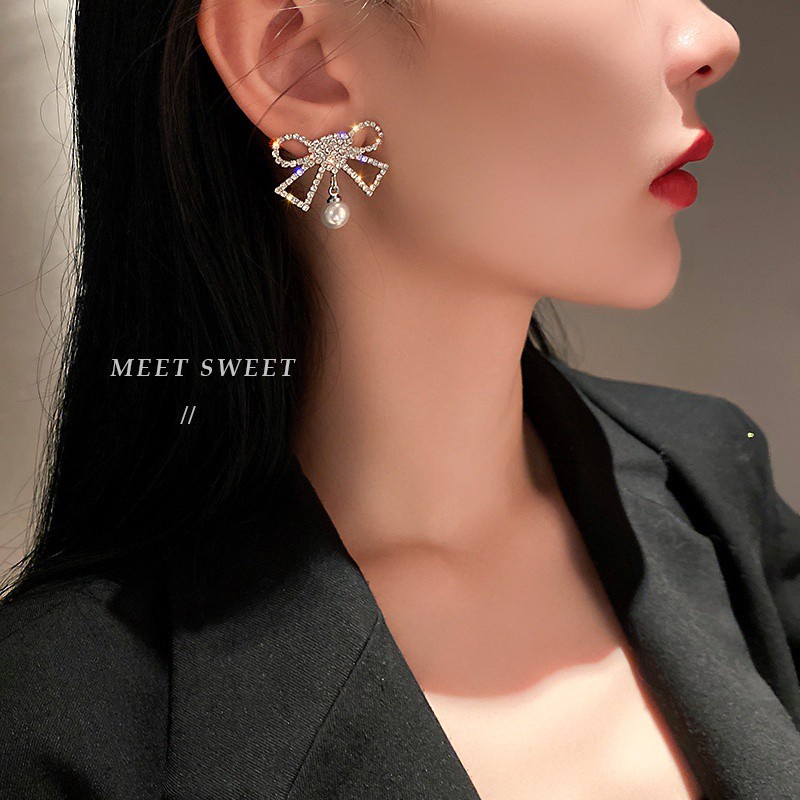 Anting Tusuk Silver 925 Desain Pita Hias Full Berlian Gaya Korea Untuk Wanita