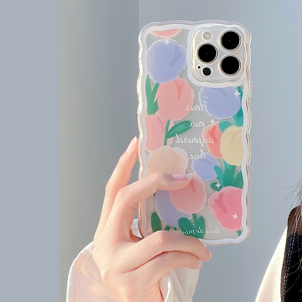 IPHONE Ins Fashion Bunga Tulip Warna-Warni Berbentuk Gelombang Perlindungan Penuh Casing Ponsel Cover Untuk Iphone7 8 PLUS X XR XS 11 12 13 14 MINI PRO MAX SE 2020