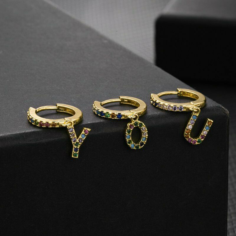 1 Pc Anting Kristal Zircon 18k gold Desain 26 Huruf Warna-Warni Untuk Wanita