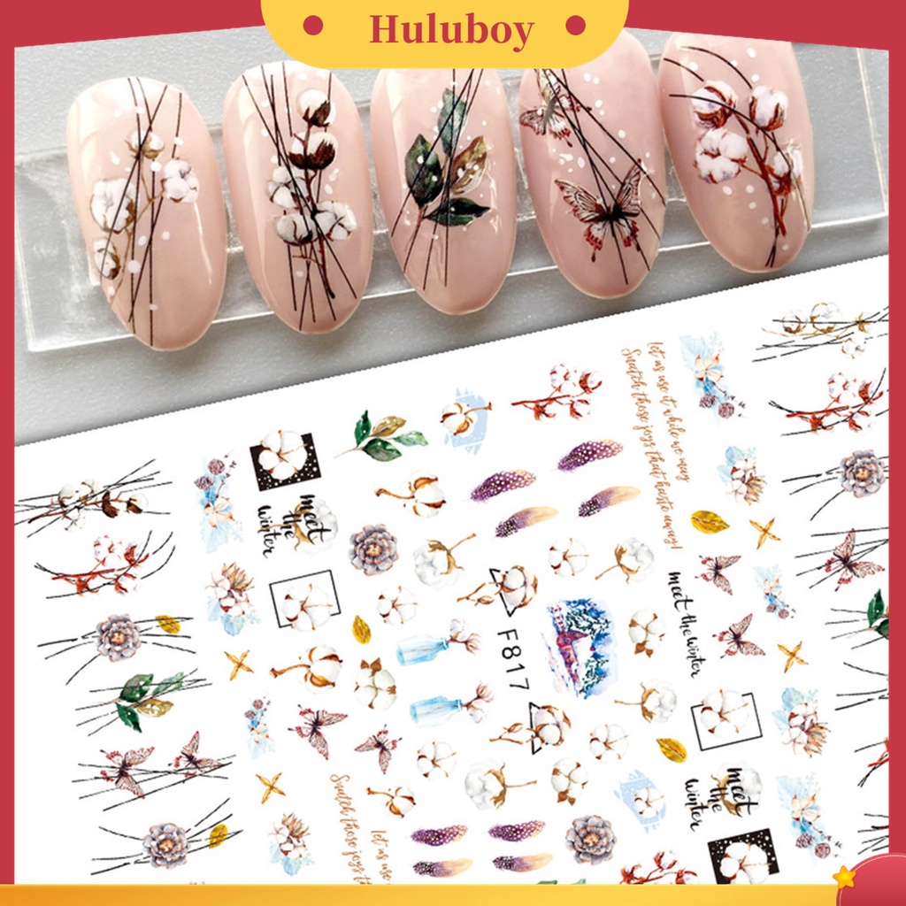 Huluboy Huluboy♡ Stiker Kuku Efek Glitter 3D Ultra Tipis Motif Daun Geometri Untuk Dekorasi Manicure