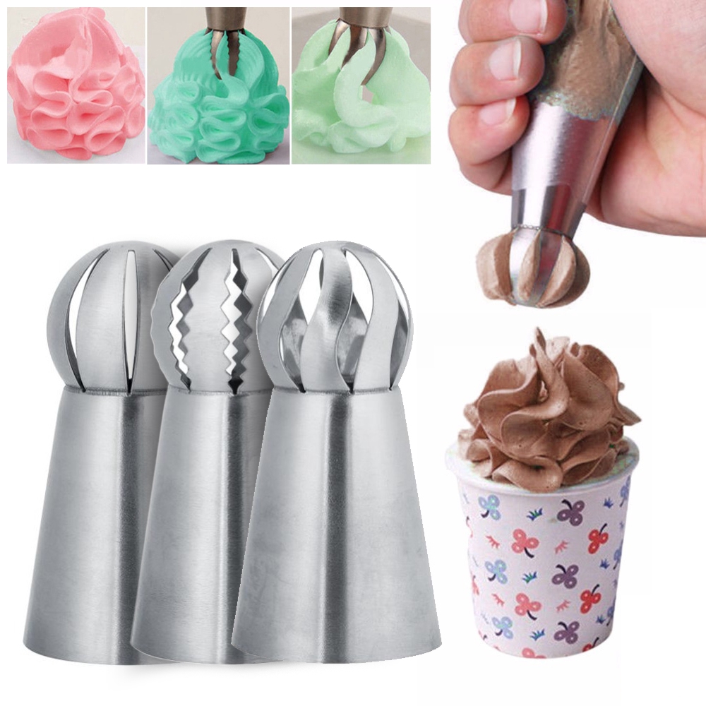 3Pcs/Set Stainless Steel Cupcake Cream Icing Sphere Shape Piping Nozzles / Flower Torch Pastry Nozzles