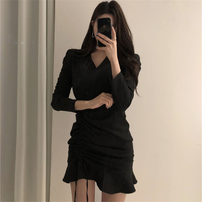 KDR-43 elegant dress v-neck kerut fashion wanita import korea