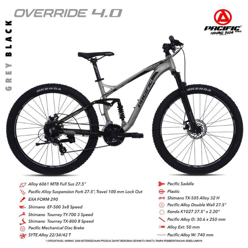 Sepeda Gunung Pacific Override 4.0 Dual Suspension MTB Dewasa 27,5 Inci Alloy