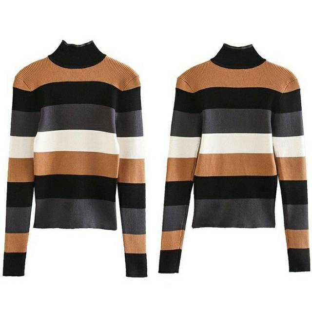 [baju wanita korea]  Turtle Neck Baju Atasan Rajut Wanita Sweater Garis Blouse Korea Import