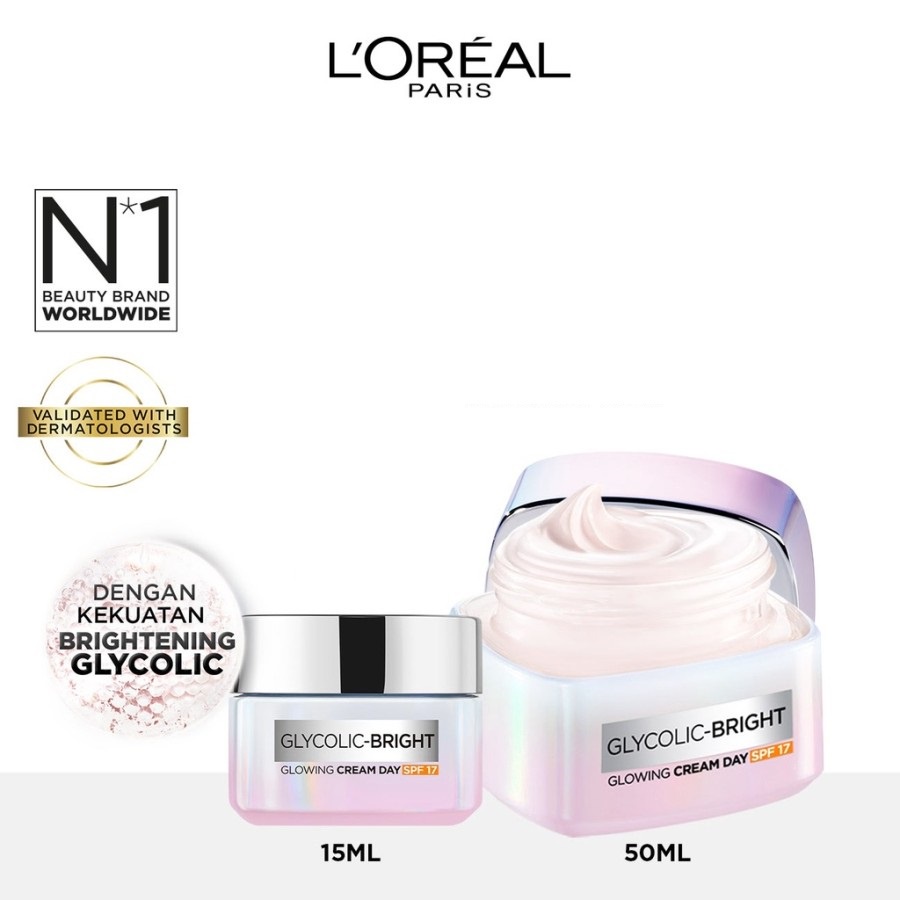 ★ BB ★ L'Oreal Paris Glycolic Bright Glowing Day Cream SPF17 15ml - 50ml | Loreal Krim Siang Glyco