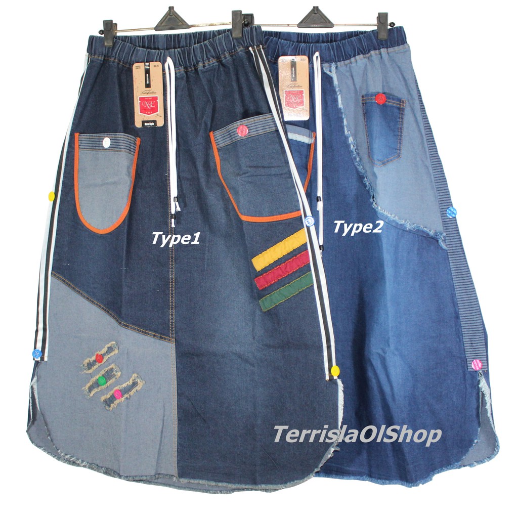 Rok Jeans Skirt Denim Motif Rawis Triple Strip / Rok Panjang Casual Muslimah Stretch Murah Kekinian
