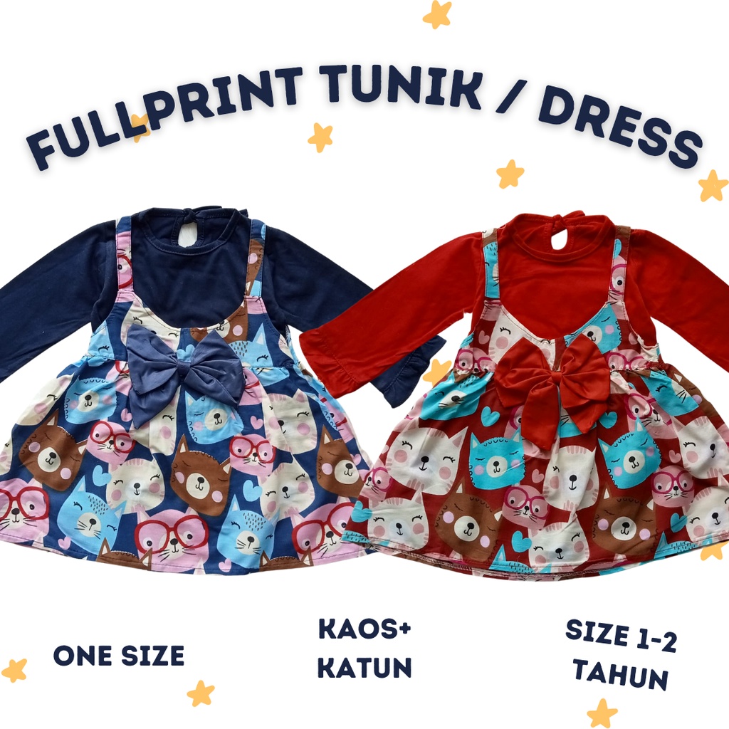 [ BANYAK MOTIF ] Dress lengan panjang big bow fullprint cat tunik bayi murah tunik anak perempuan 1-2 tahun banyak motif tunik kaos murah