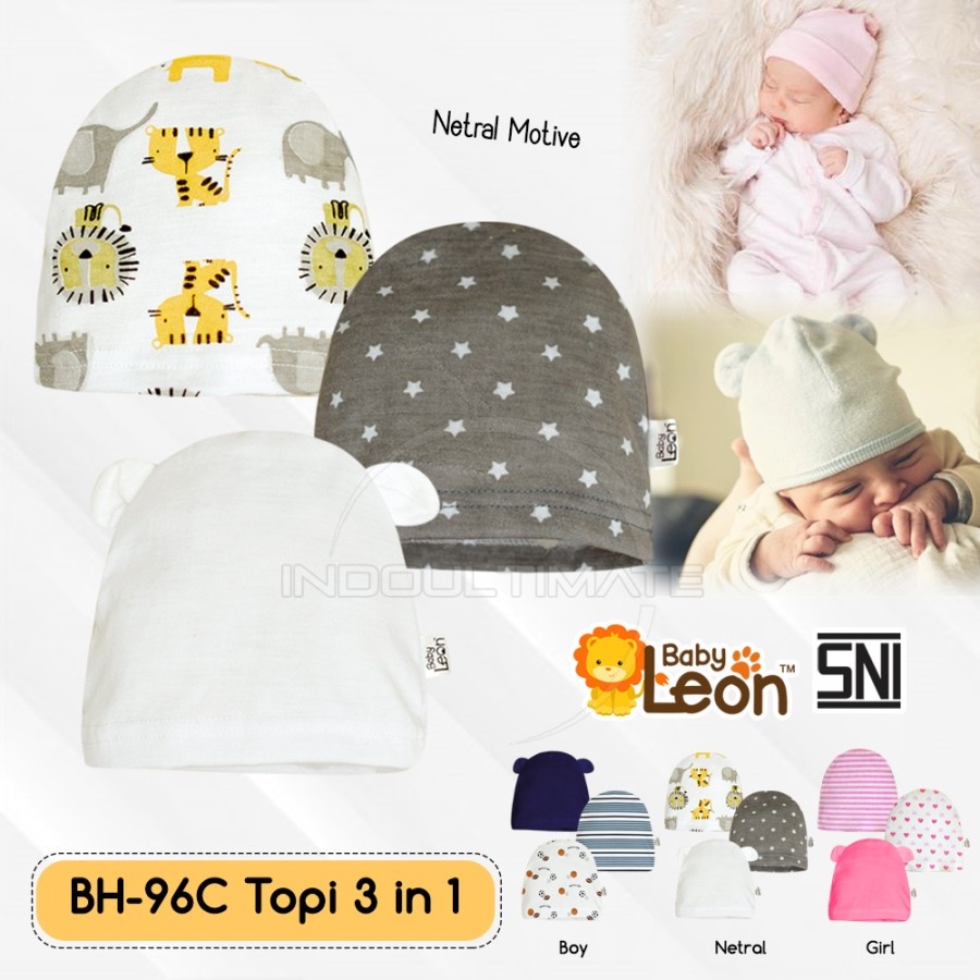 3in1 Baby Leon Topi Bayi 100% Cotton - Kupluk Bayi Newborn