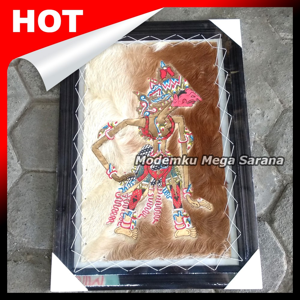 Lukisan Wayang Kulit Baladewa Kulit Kambing - 70x50 Cm Bingkai Hitam