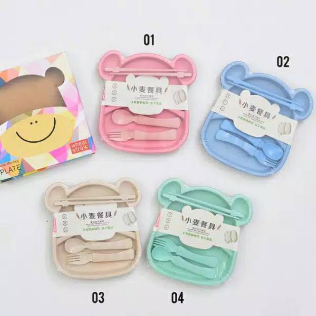 Piring set wheat gandum ( No Box ) / piring anak gandum / piring kepala bear lucu / piring sehat