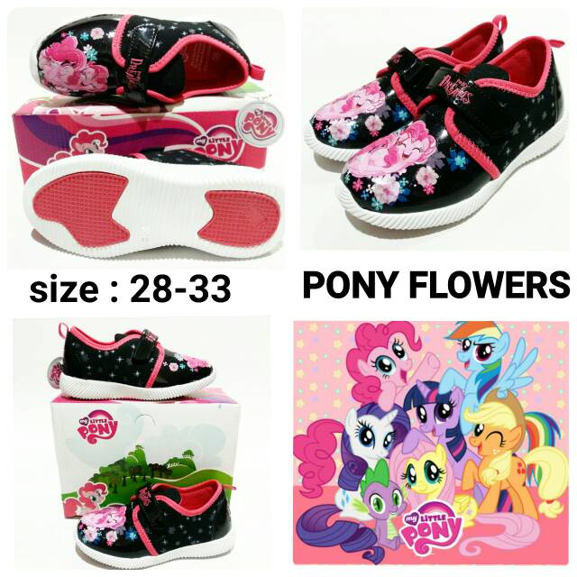 Sepatu sekolah anak cewek pony flowers murah dan terbaru black pink