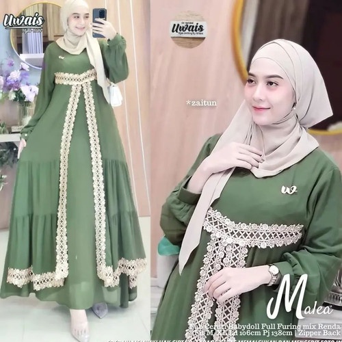 GAMIS WANITA MALEA DRESS BO KAIN CERUTY BABYDOLL FULL FURING APLIKASI RENDA LD 110 CM PB 138 CM GAMIS WANITA TERBARU 2023 KEKINIAN / MAXI DRES WANITA FASHION MUSLIM / DRESS CERUTY WANITA WARNA HITAM , GREEN , DUSTY