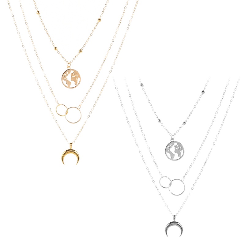 Fancyqube Kalung Multilayer Liontin Bulan Peta Dunia Warna Emas Gaya Retro Untuk Wanita